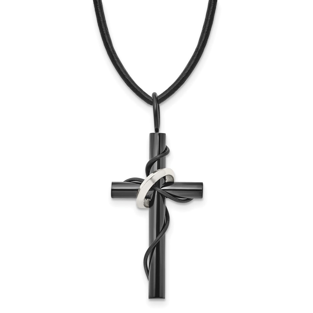 Chisel Stainless Steel Polished Black IP-plated Cross with Ring on a 20.5 inch Leather Cord Necklace, 20.5 x 23 mm