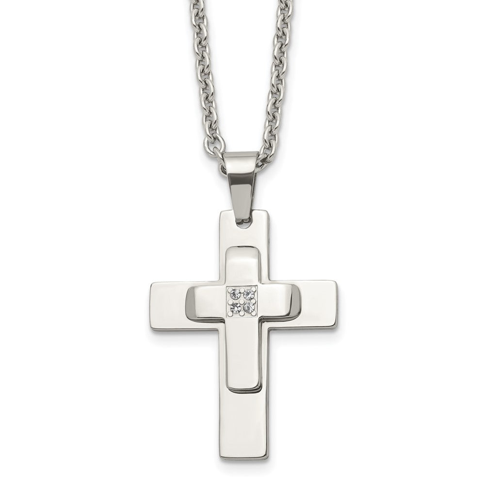 Chisel Stainless Steel Polished with CZ Cross Pendant on a 22 inch Cable Chain Necklace, 22 x 25.97 mm
