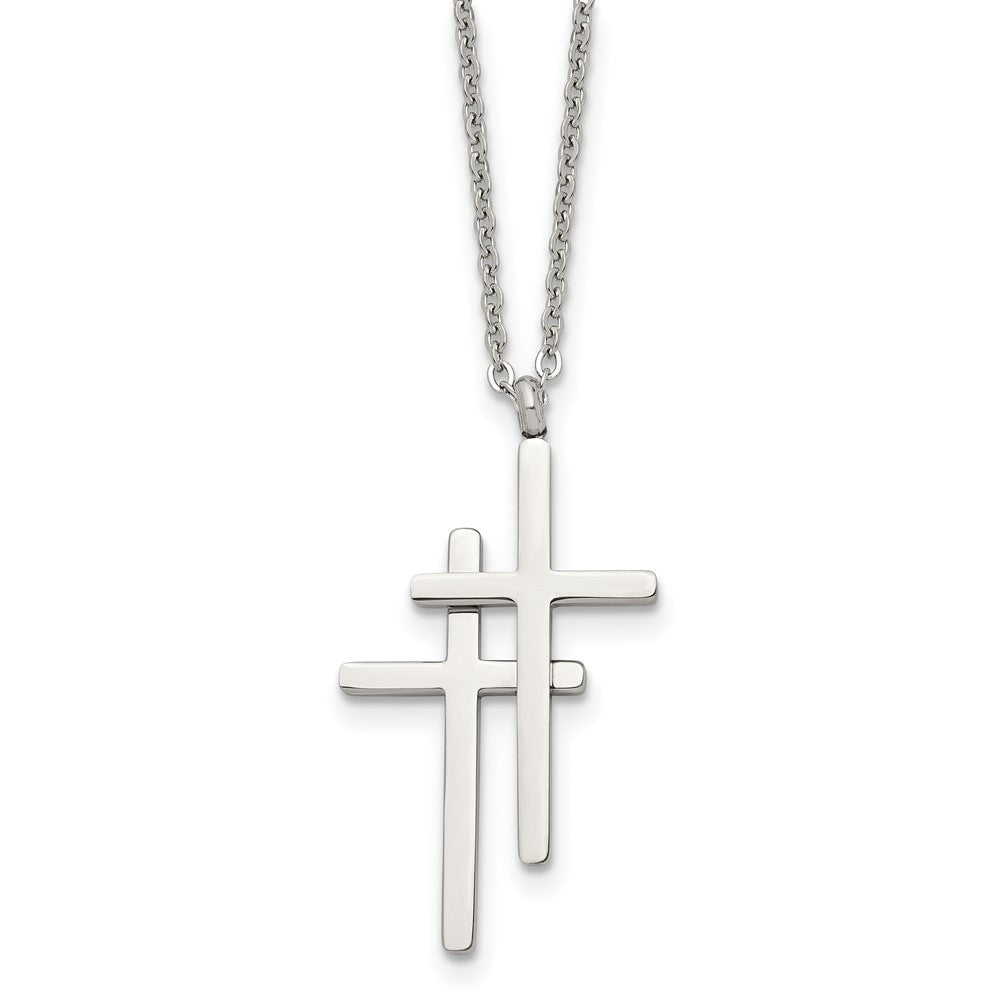 Stainless Steel Polished Double Cross 18in Necklace, 18 mm