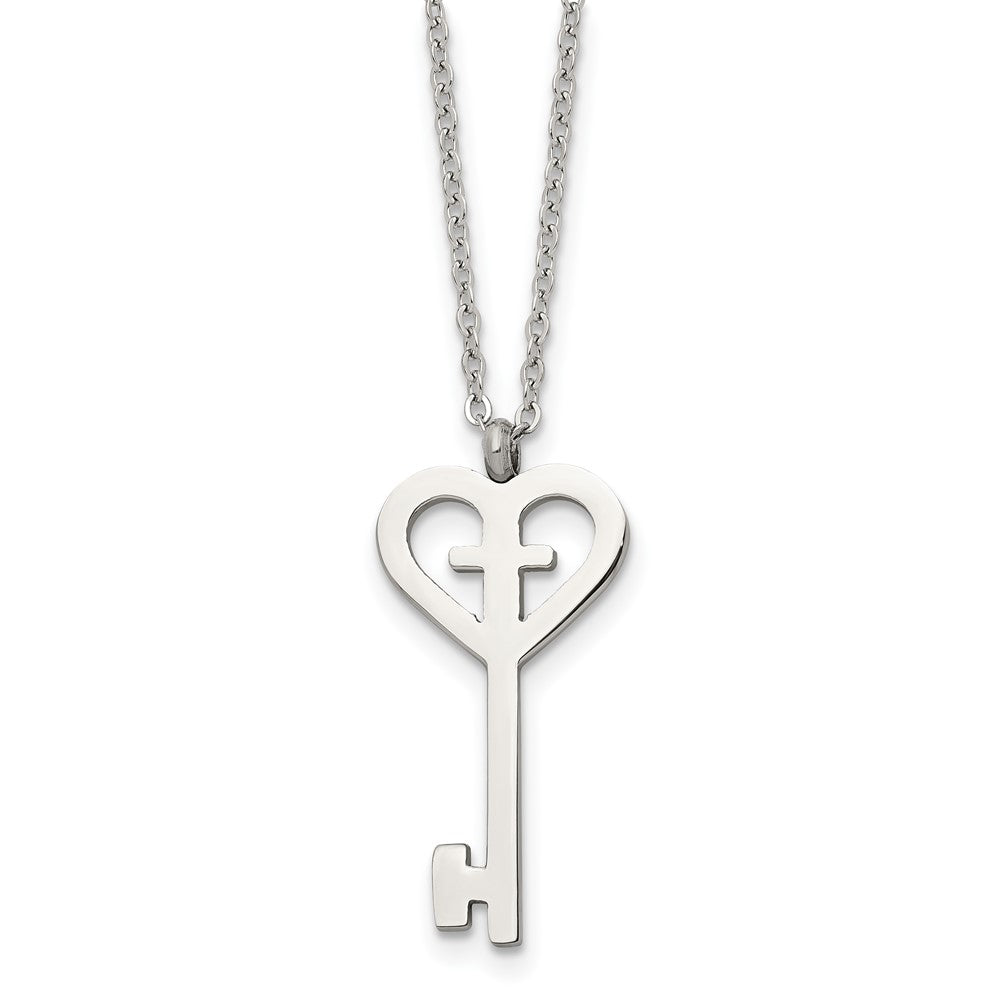 Stainless Steel Polished Key with Cross 16in Necklace, 16 mm
