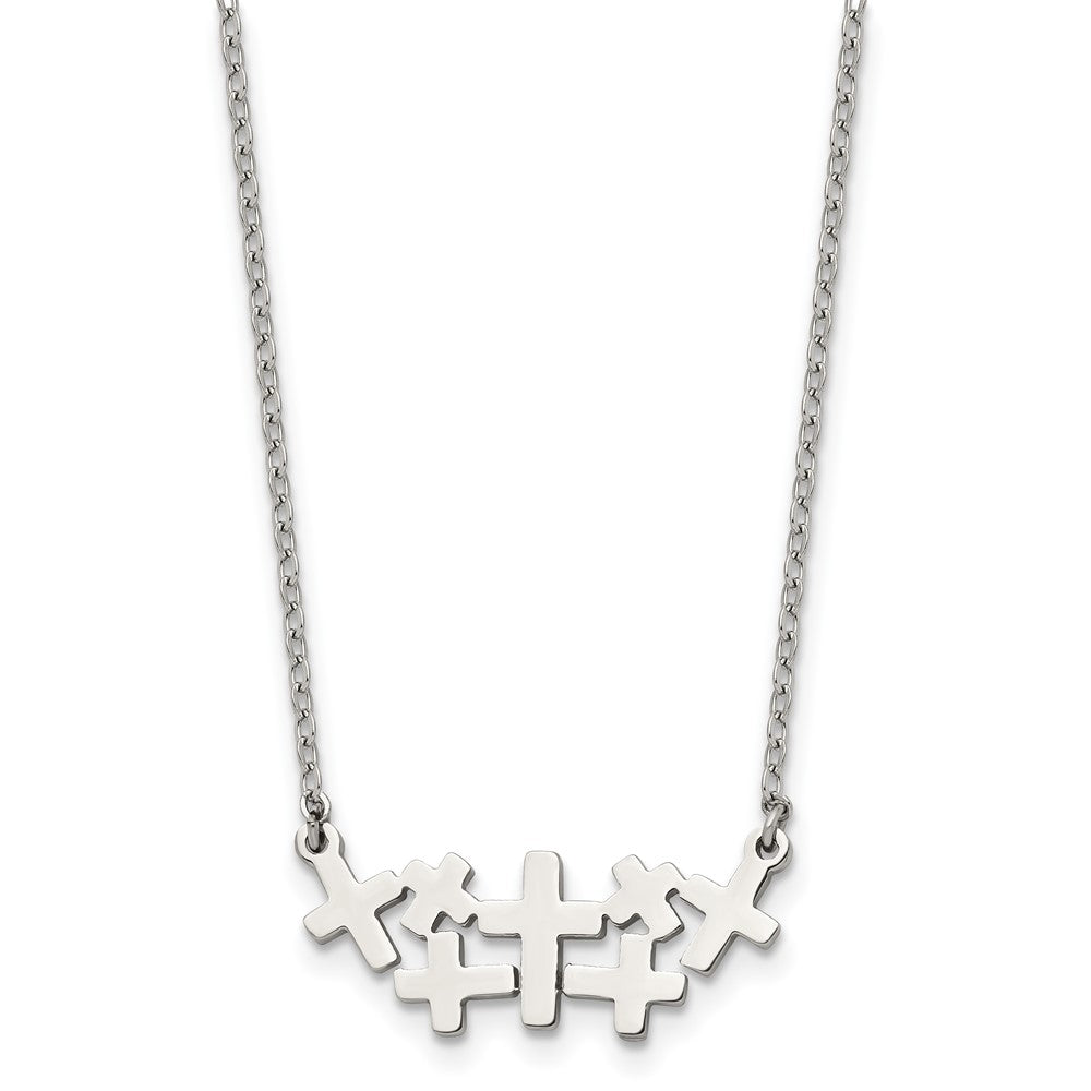 Stainless Steel Brushed and Polished Multi Cross 17.5in Necklace, 17.5 mm