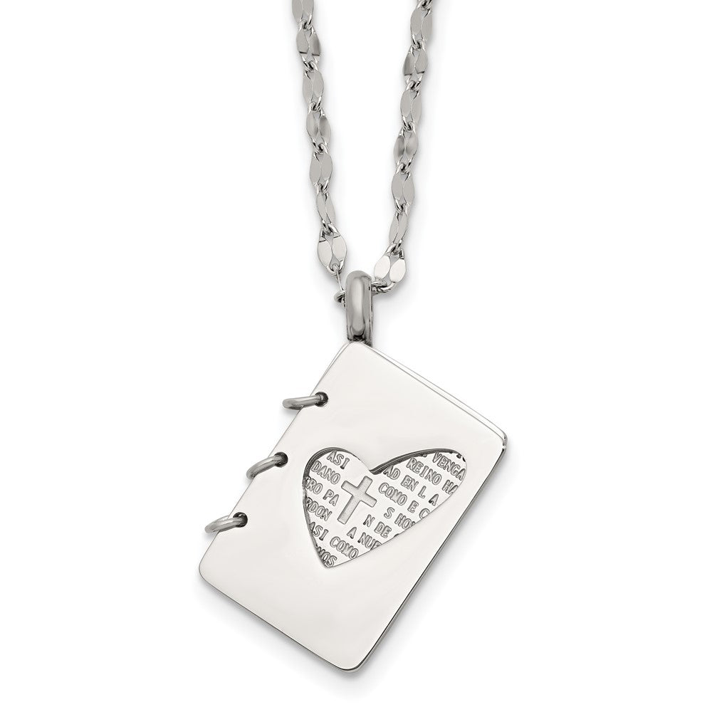 Chisel Stainless Steel Brushed and Polished Lord's Prayer in Spanish Notebook Pendant on a 17.5 inch Necklace, 17.5 x 16.5 mm