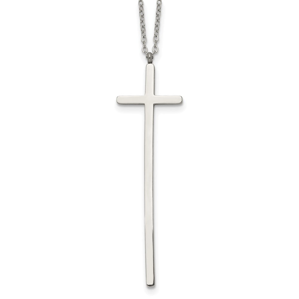 Chisel Stainless Steel Polished Long Cross Pendant on a 30 inch Cable Chain Necklace, 30 x 15.5 mm