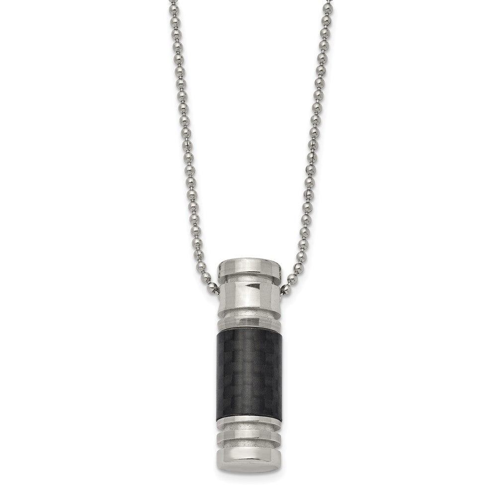 Chisel Stainless Steel Polished with Black Carbon Fiber Inlay Cylinder on a 22 inch Ball Chain Necklace, 22 x 10 mm