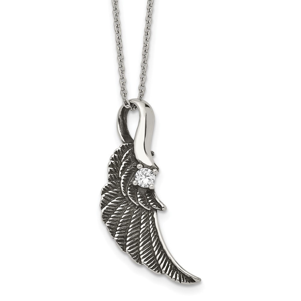 Stainless Steel Antiqued and Polished w/Crystal Wing 20in Necklace, 20 mm