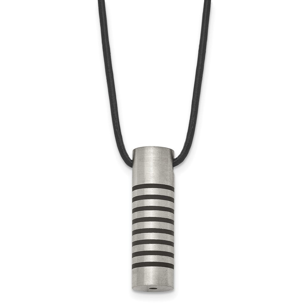 Chisel Stainless Steel Brushed and Polished with Black Rubber Cylinder on an 18 inch Leather Cord Necklace, 18 x 9 mm