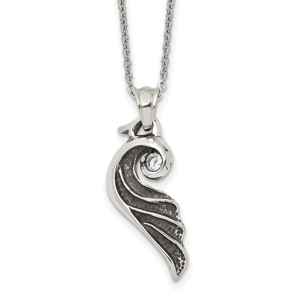 Stainless Steel Antiqued and Polished w/Crystal Wing 18in Necklace, 18 mm