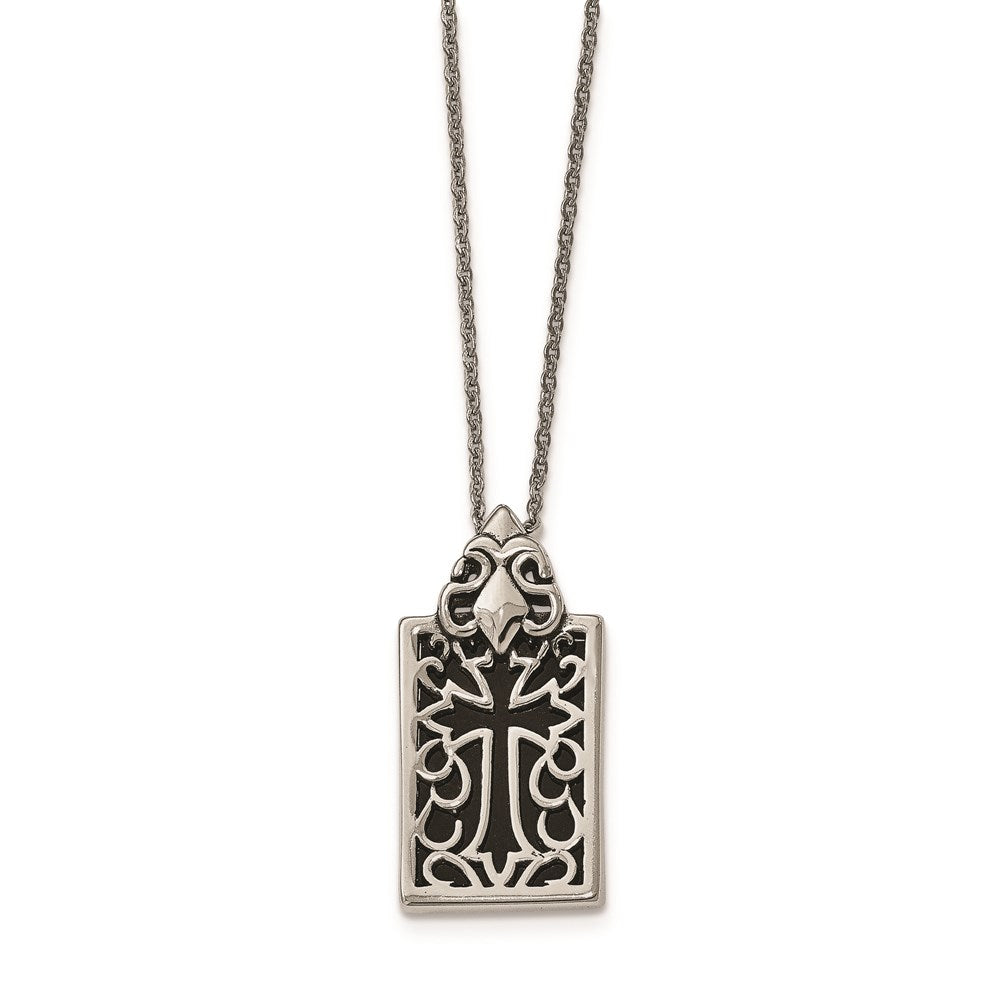 Stainless Steel Antiqued & Polished w/ Black Glass Cross Necklace, 20 mm