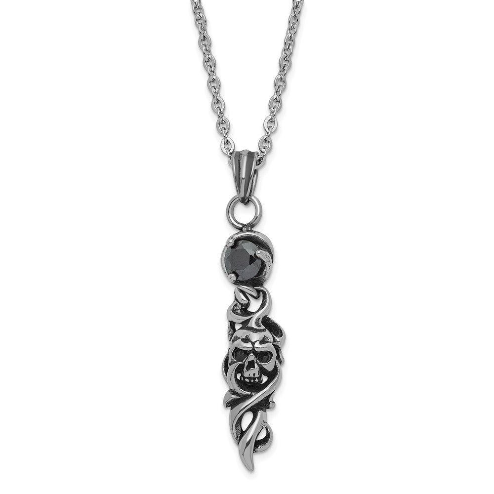 Stainless Steel Antiqued and Polished Black CZ Skull Necklace, 18 mm