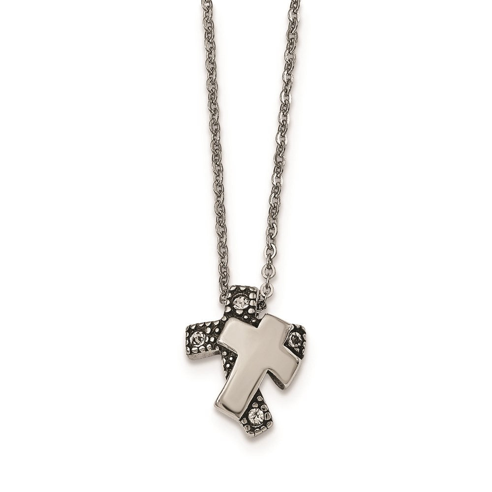 Stainless Steel Antiqued and Polished w/ Crystals Cross Necklace, 18 mm