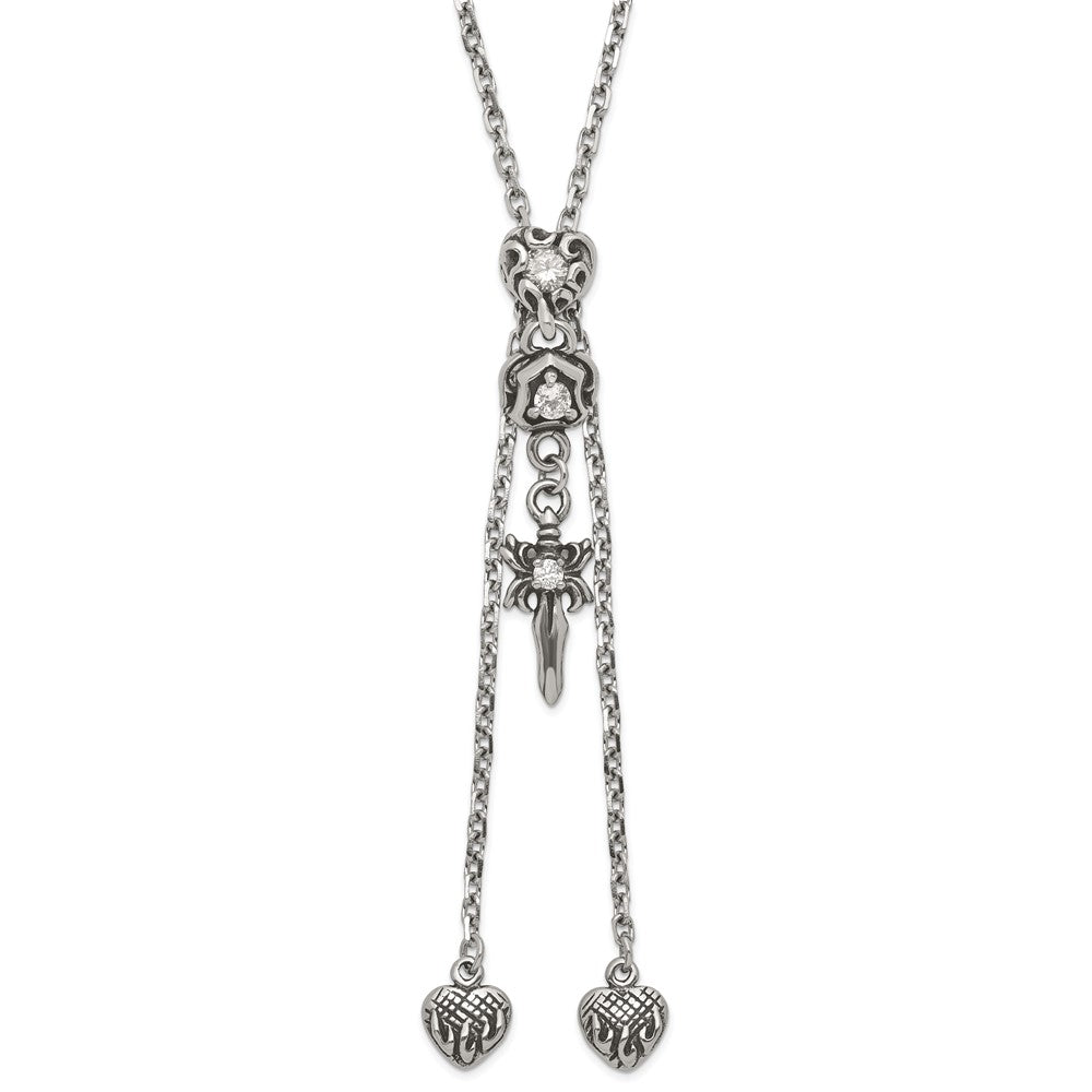 Stainless Steel Polished & Antiqued CZ Gothic Hearts & Sword Adjustable Necklace, 28 mm