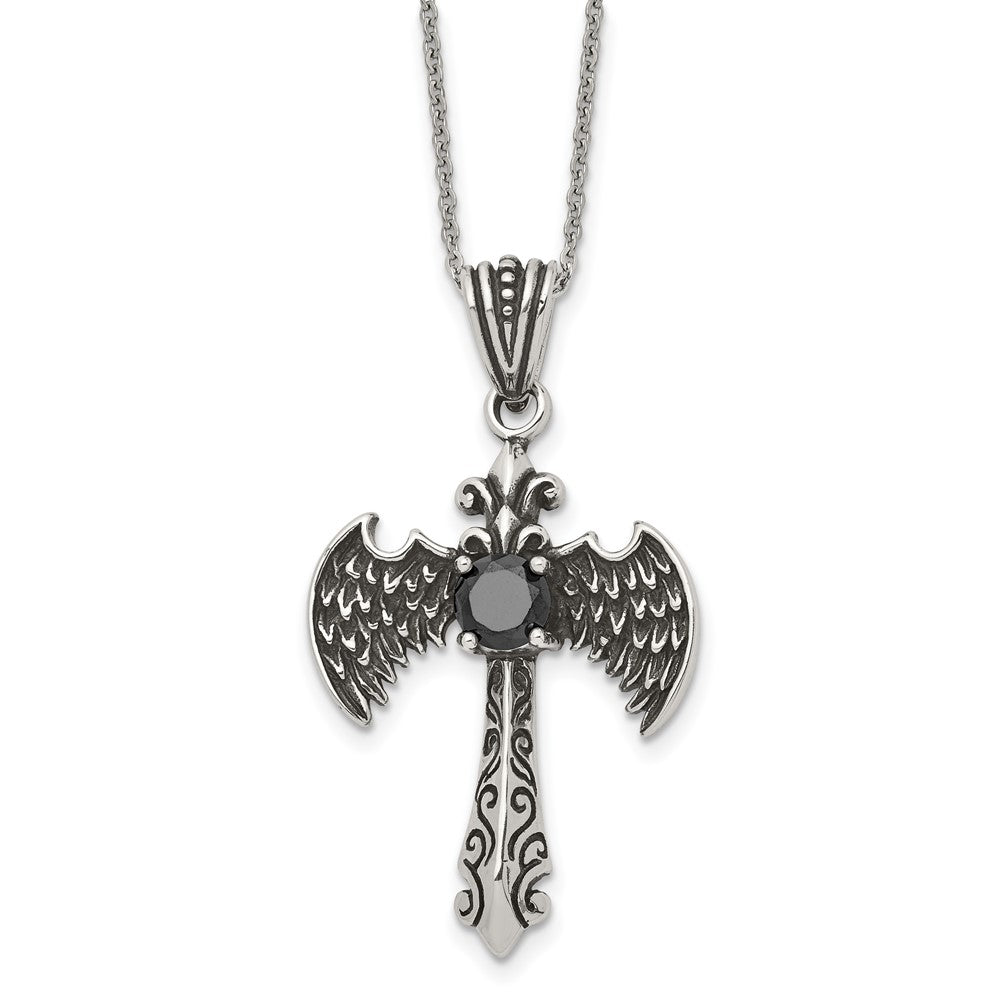 Stainless Steel Antiqued and Polished Black CZ Cross w/Wings Necklace, 20 mm