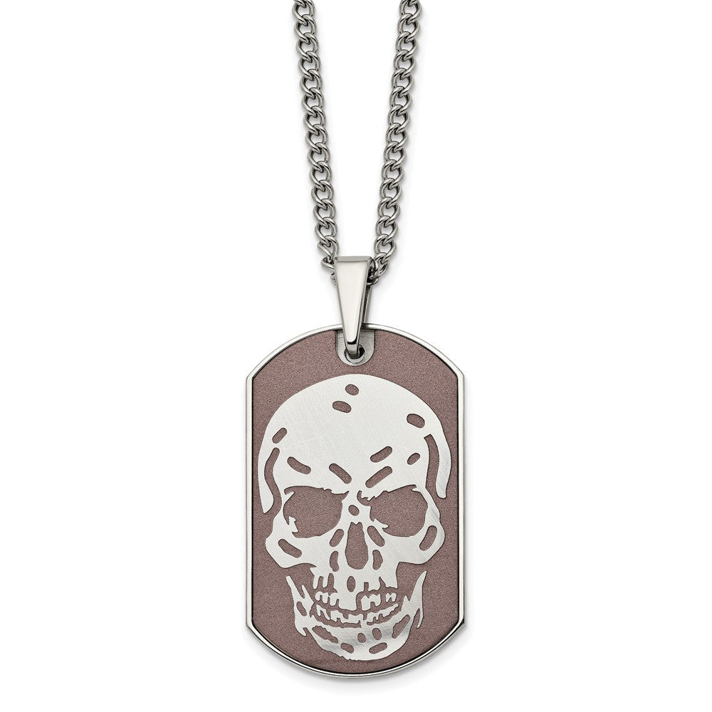 Stainless Steel Polished Brown IP-plated Skull Dog Tag 24 inch Necklace, 24 x 28.67 mm