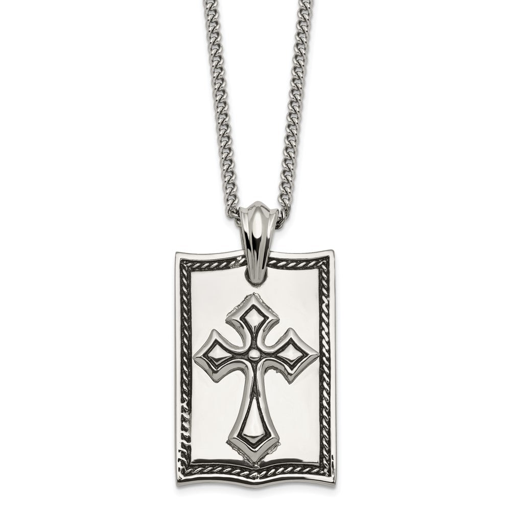 Stainless Steel Antiqued and Polished Cross Dog Tag 24in Necklace, 24 mm