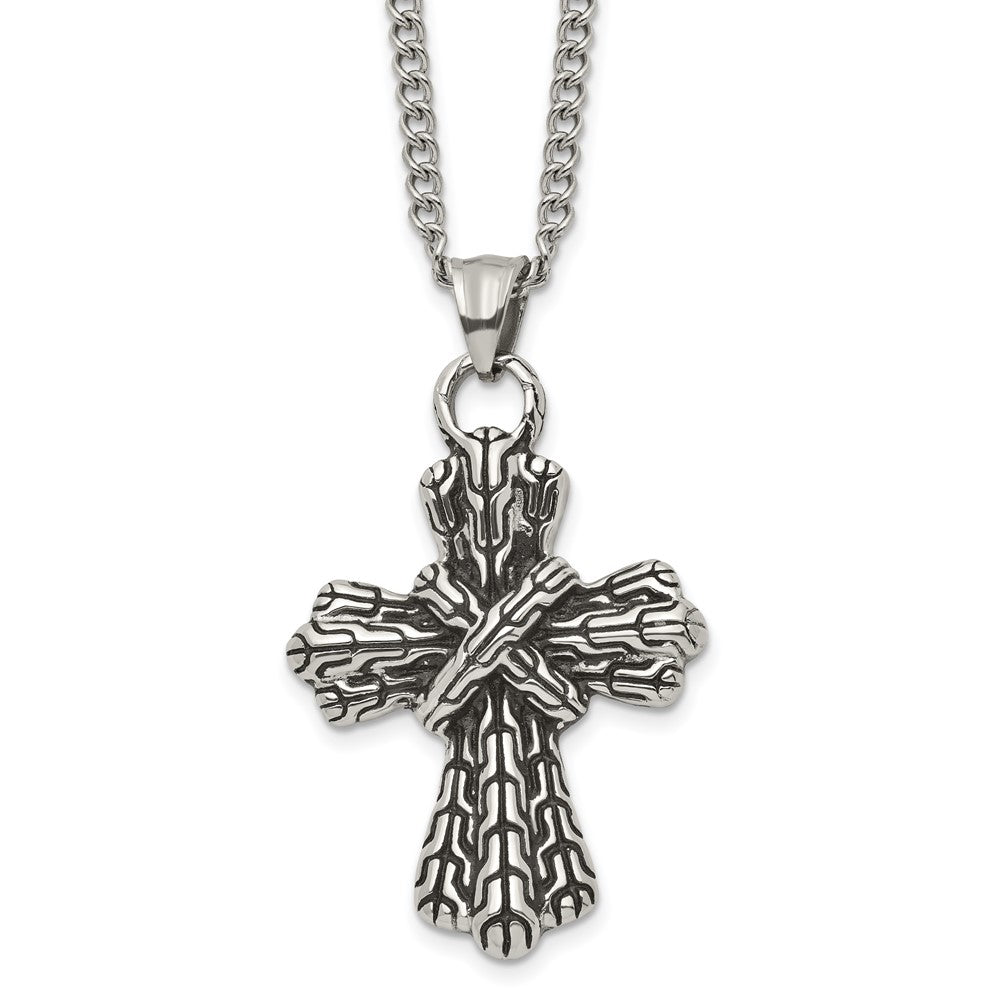 Stainless Steel Antiqued Polished and Textured Cross 24in Necklace, 24 mm, 31.78 g