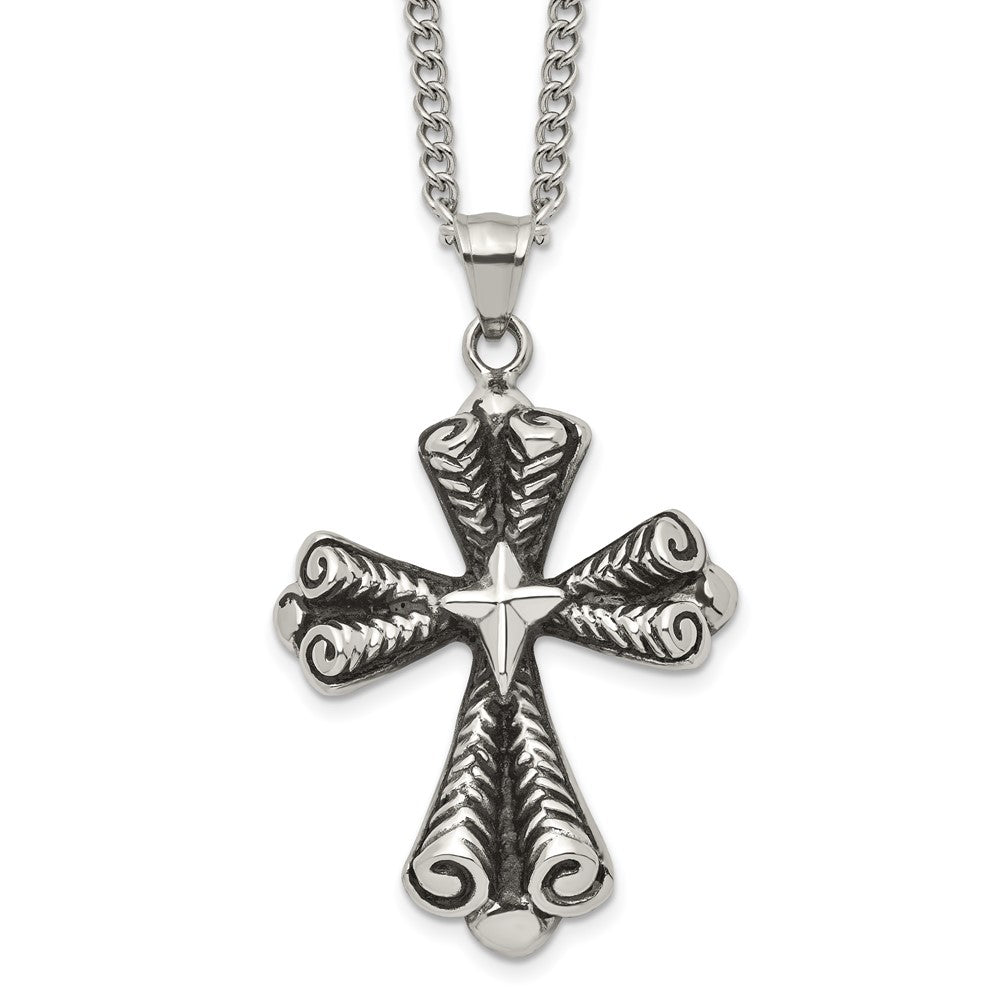 Stainless Steel Antiqued Polished and Textured Cross 24in Necklace, 24 mm, 25.44 g