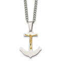 Chisel Stainless Steel Polished with 14k Gold Crucifix Anchor Pendant on a 24 inch Curb Chain Necklace, 24 x 23.2 mm