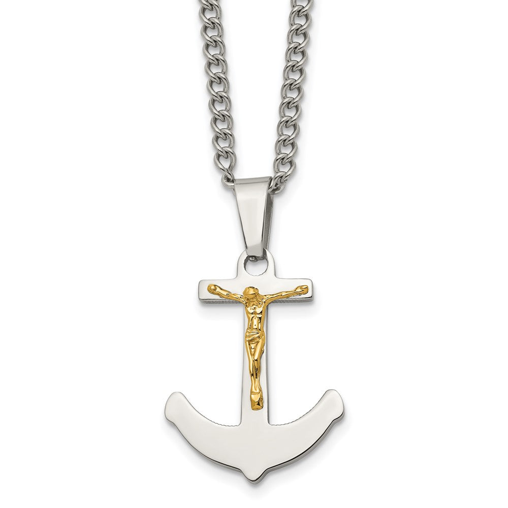 Chisel Stainless Steel Polished with 14k Gold Crucifix Anchor Pendant on a 24 inch Curb Chain Necklace, 24 x 23.2 mm