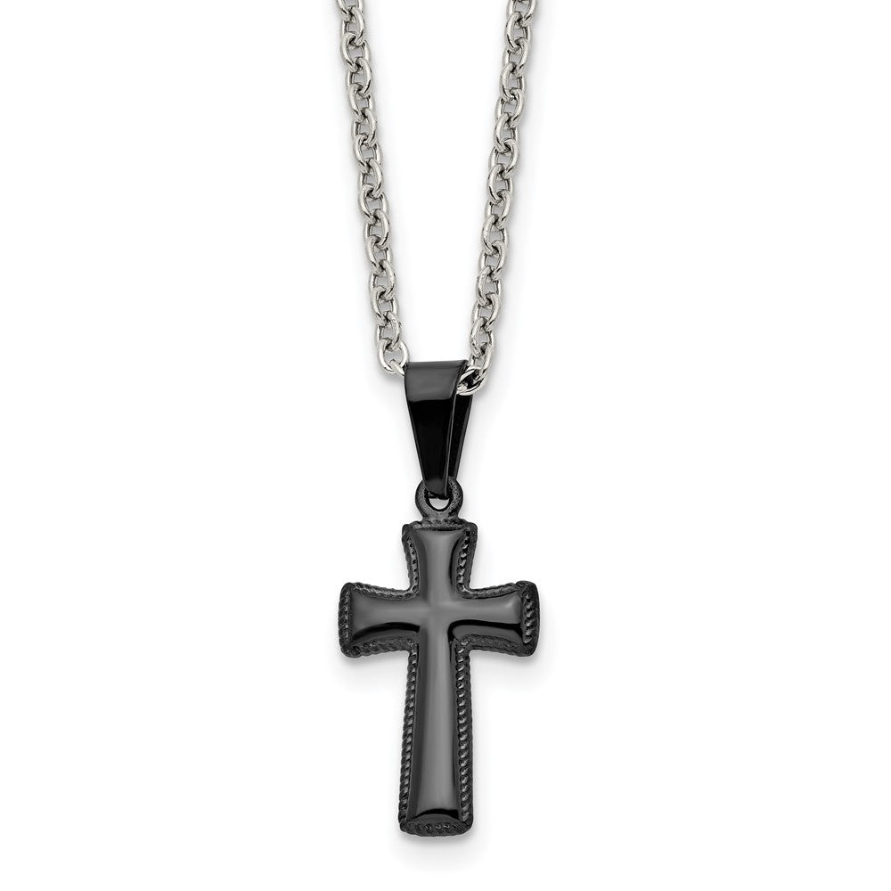 Chisel Stainless Steel Polished Black IP-plated Small Pillow Cross Pendant on a 16 inch Cable Chain Necklace, 16 x 12 mm