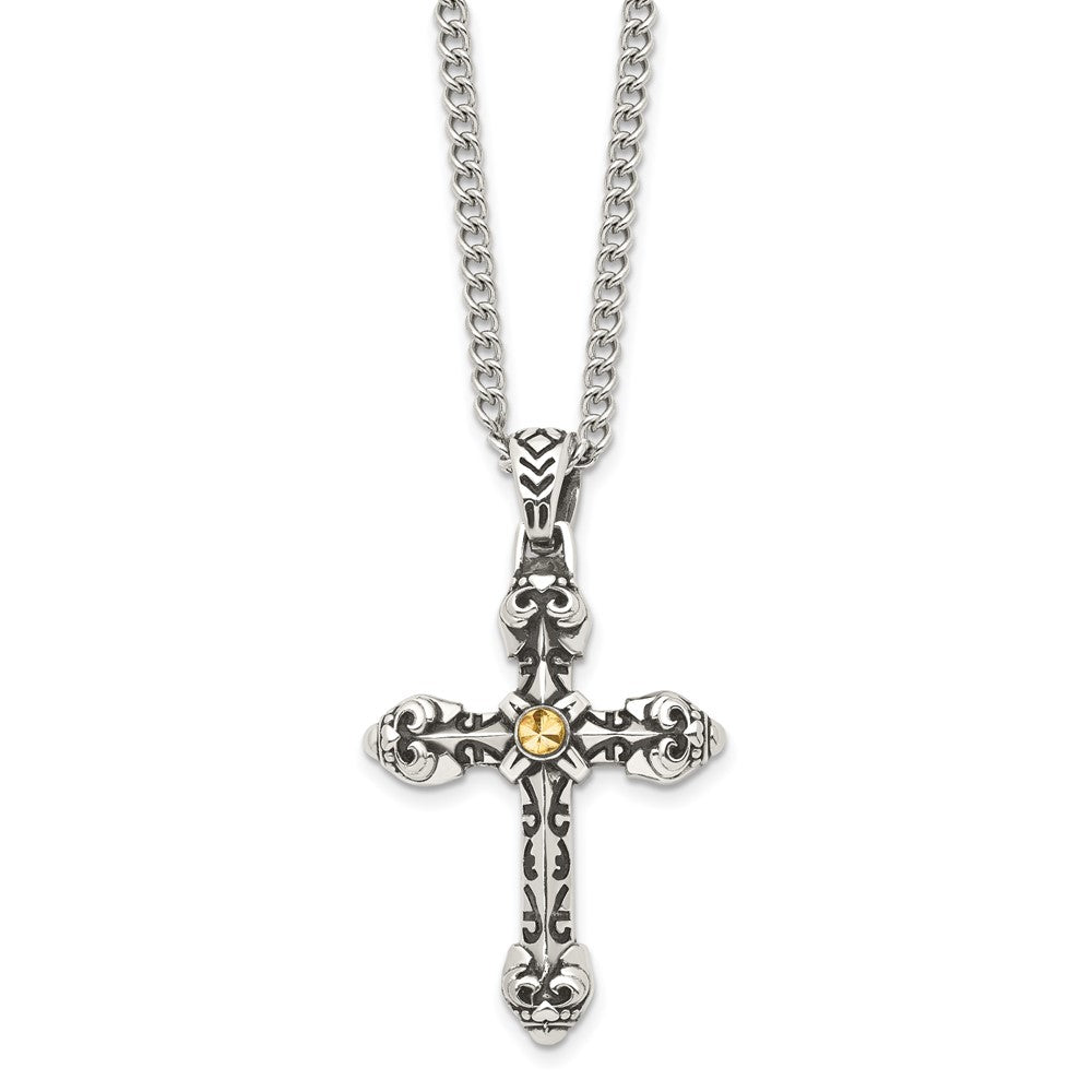 Stainless Steel Antiqued and Polished Yellow IP-plated Cross 24in Necklace, 24 mm