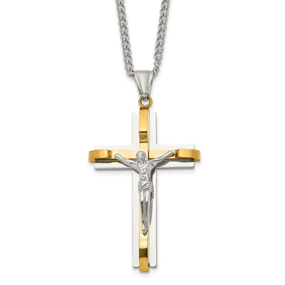 Chisel Stainless Steel Polished Yellow IP-plated Crucifix Pendant on a 24 inch Curb Chain Necklace, 24 x 36.57 mm