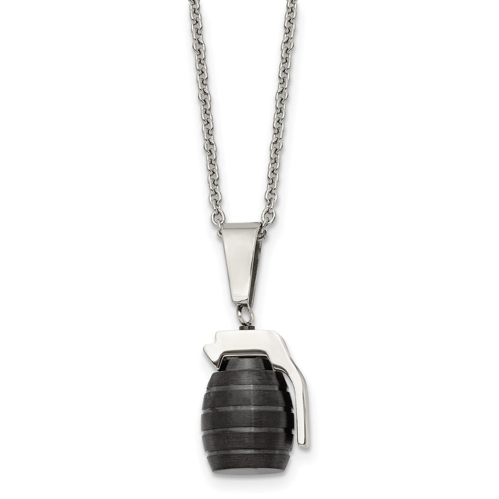 Stainless Steel Polished and Textured Black IP-plated Grenade Necklace, 16 mm