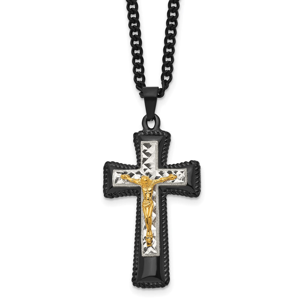 Chisel Stainless Steel Polished Black IP-plated, Gold-plated and Silver-Plated Brass Crucifix on a 24 inch Curb Chain Necklace, 24 x 23 mm