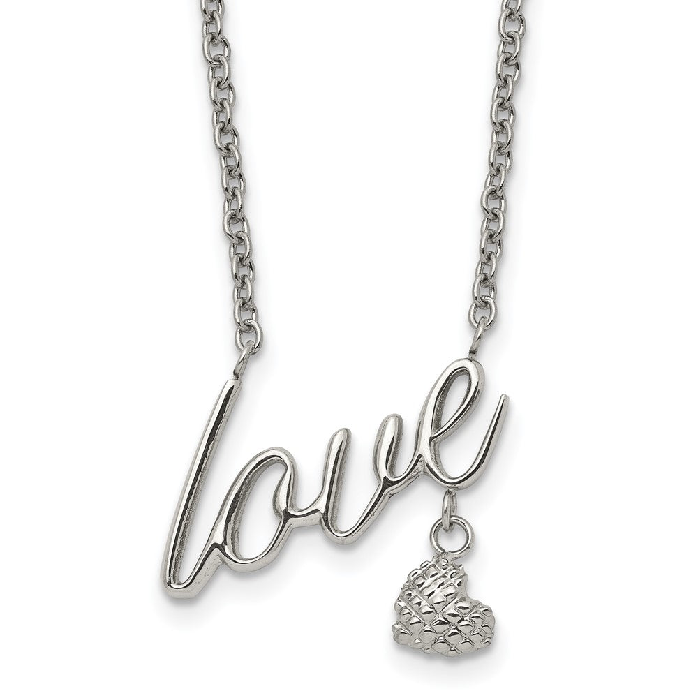 Stainless Steel Polished and Textured LOVE 16.5in w/4in ext Necklace, 16.5 mm