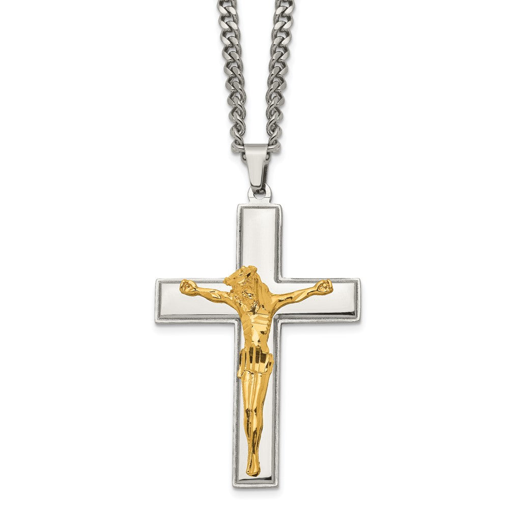 Chisel Stainless Steel Polished Yellow IP-plated Crucifix Pendant on a 24 inch Curb Chain Necklace, 24 x 39.89 mm
