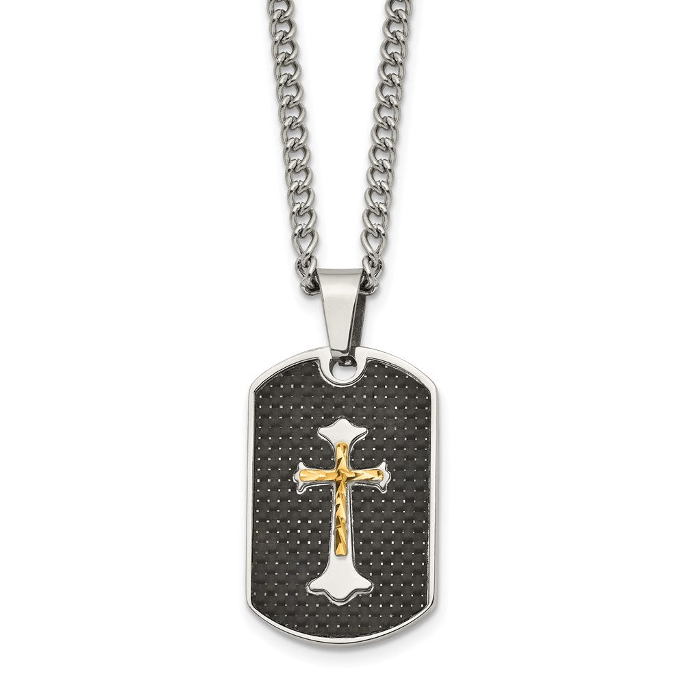 Chisel Stainless Steel Polished with Sterling Silver and Carbon Fiber Inlay Yellow IP-plated Cross on a 24 inch Curb Chain Necklace, 24 x 20 mm