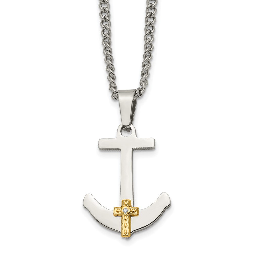 Chisel Stainless Steel Polished with 14k Gold and .02 Carat Diamond Anchor Mariner Cross Pendant on a 24 inch Curb Chain Necklace, 0.02 ct, 24 x 23.32 mm