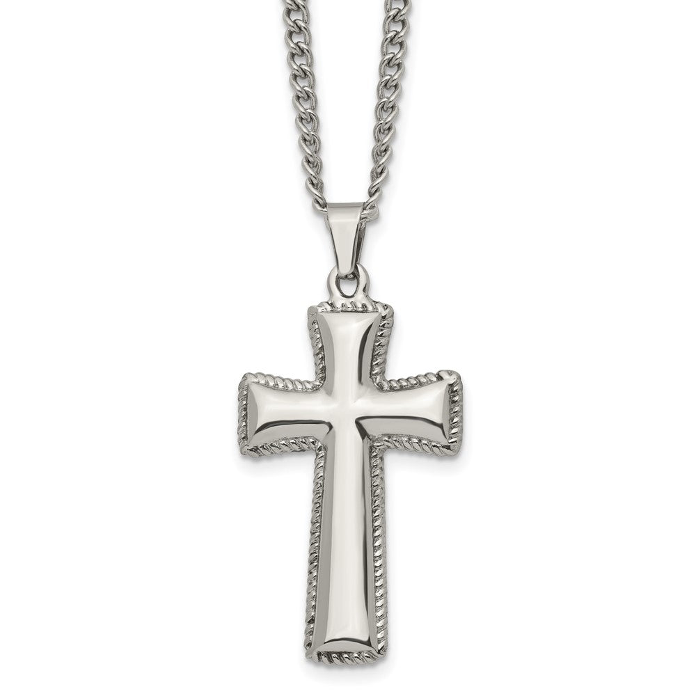 Chisel Stainless Steel Polished Pillow Cross Pendnat on a 24 inch Curb Chain Necklace, 24 x 23.5 mm