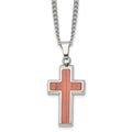 Stainless Steel Polished w/Wood Inlay Cross 24in Necklace, 24 x 20.5 mm