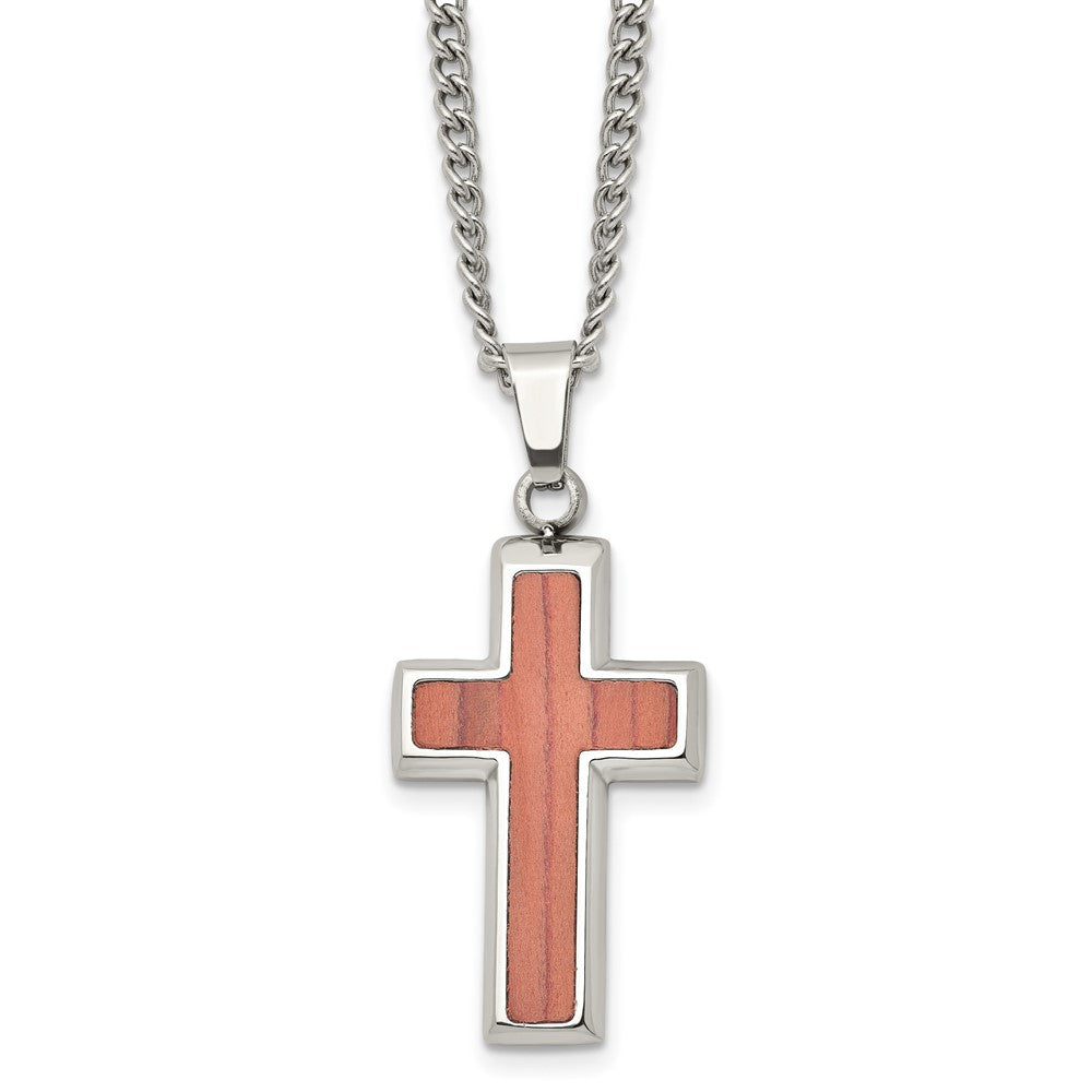Stainless Steel Polished w/Wood Inlay Cross 24in Necklace, 24 x 20.5 mm