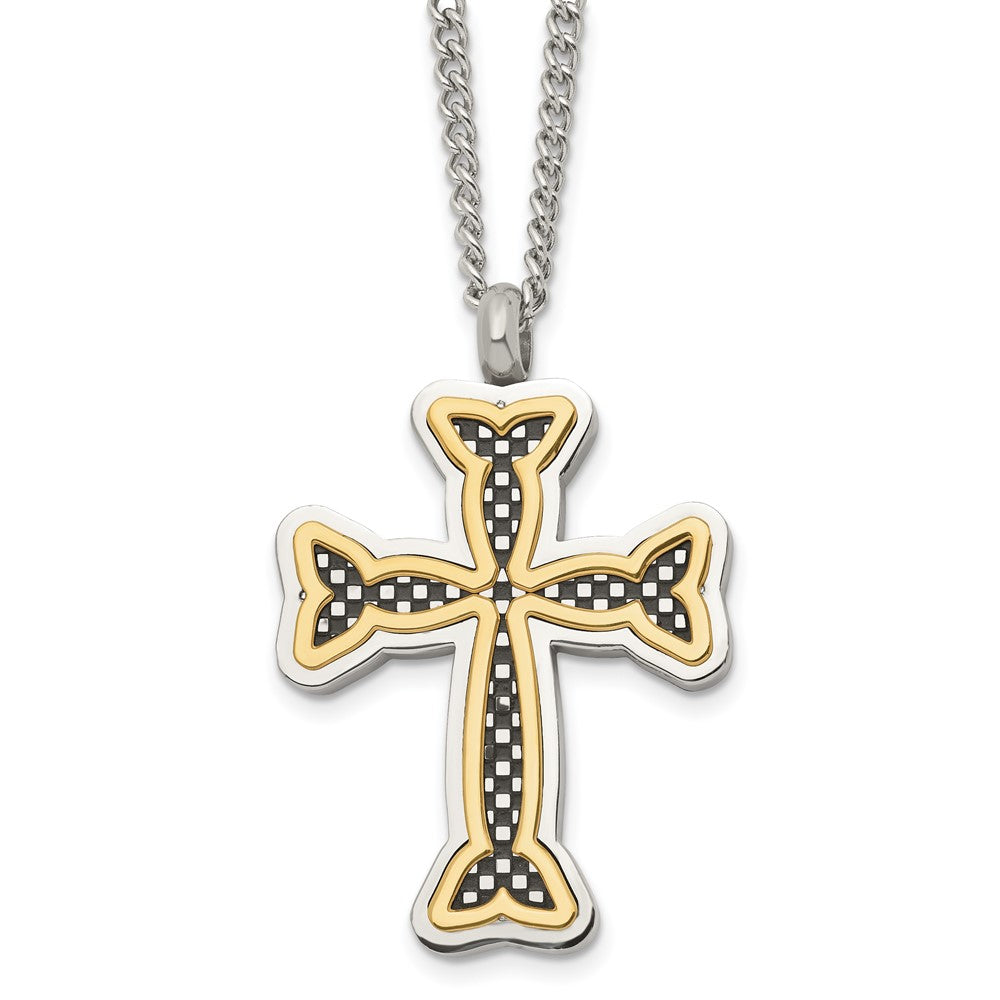 Chisel Stainless Steel Polished Black and Yellow IP-plated Cross 24in Necklace, 24 mm