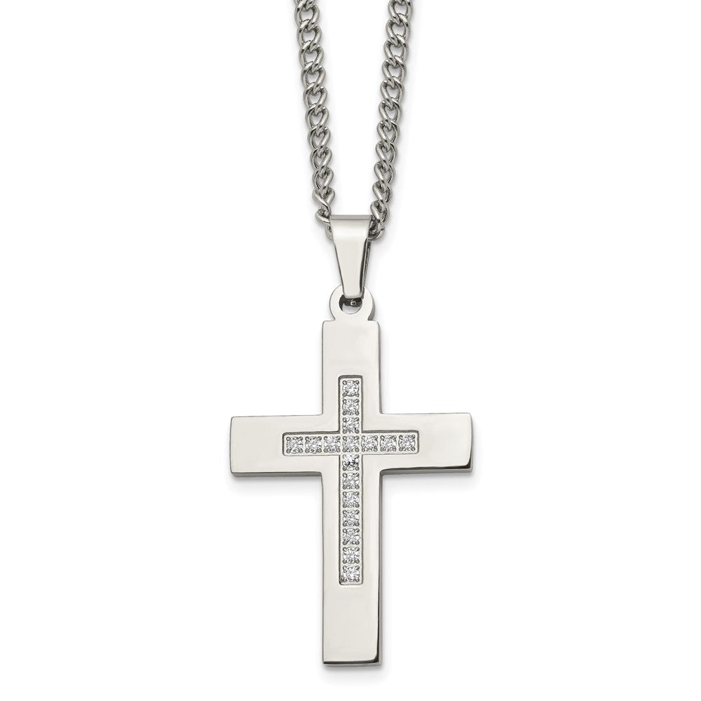 Chisel Stainless Steel Polished with CZ Cross Pendant on a 24 inch Cable Chain Necklace, 24 x 28.03 mm