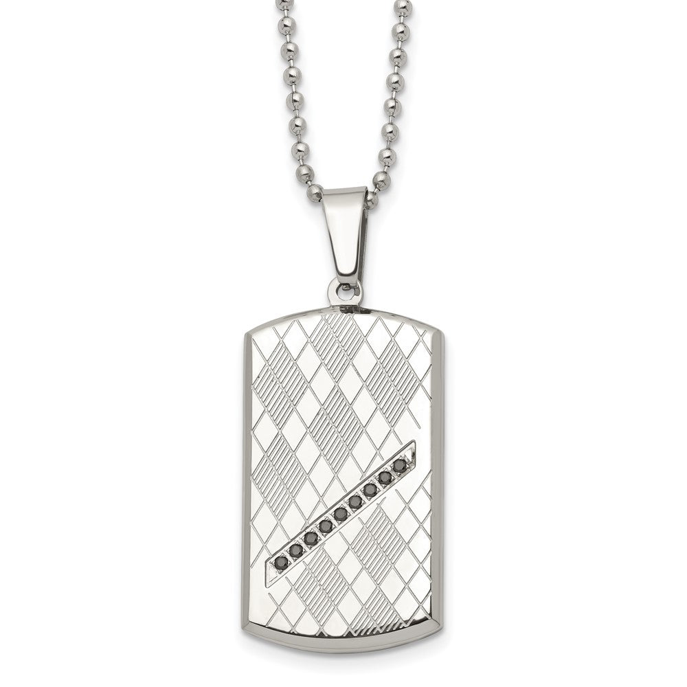 Stainless Steel 22in Polished & Textured w/Black CZ Dog Tag Necklace, 22 x 21.63 mm