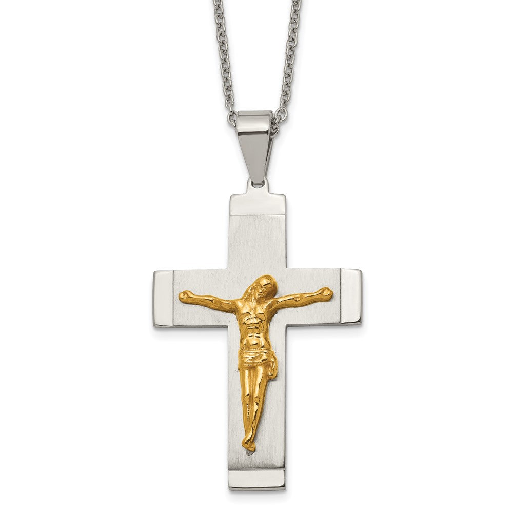 Chisel Stainless Steel Brushed and Polished Yellow IP-plated Crucifix Pendant on a 20 inch Curb Chain Necklace, 20 x 36.18 mm