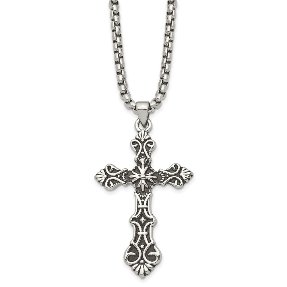 Stainless Steel Antiqued Polished and Textured Cross 24in Necklace, 24 mm, 33.22 g