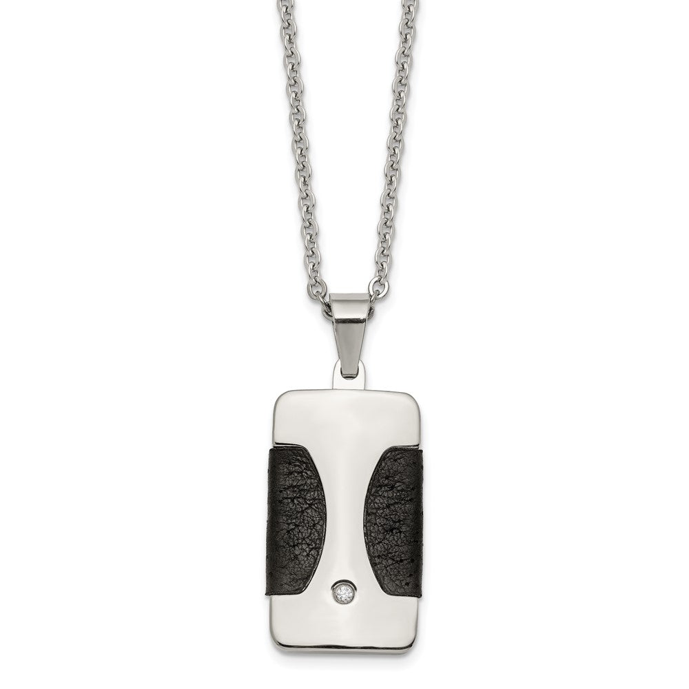 Stainless Steel Polished w/ CZ & Leather Reversible Inlay 22in Necklace, 22 mm