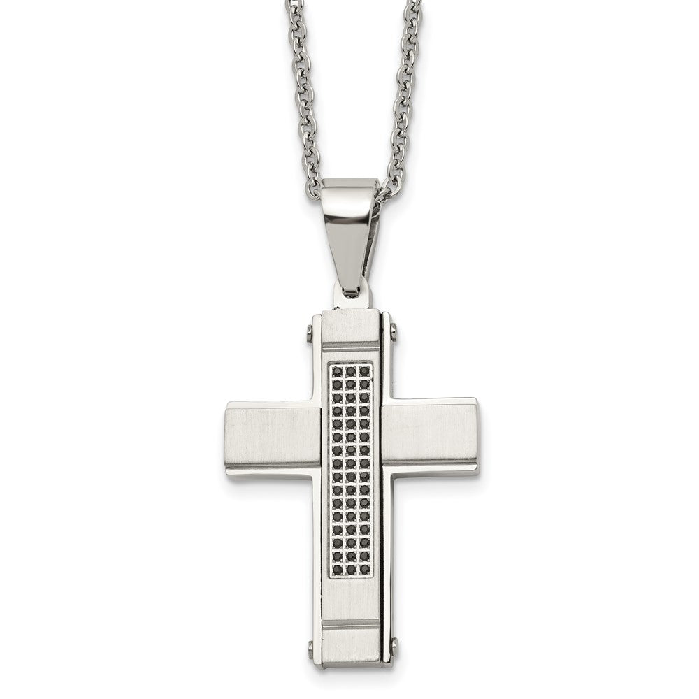 Stainless Steel Brushed and Polished w/Black CZ Cross 24in Necklace, 24 x 26.57 mm