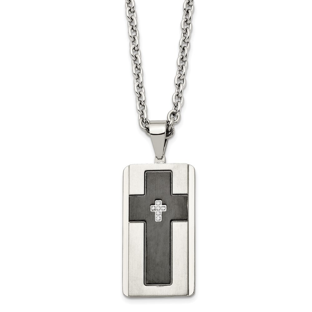 Stainless Steel Brushed & Polished Black IP-plated w/CZ Cross Necklace, 24 x 23.64 mm