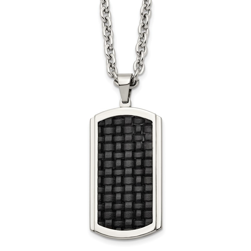 Stainless Steel Polished & Textured Leather Inlay Dog Tag 24in Necklace, 24 mm