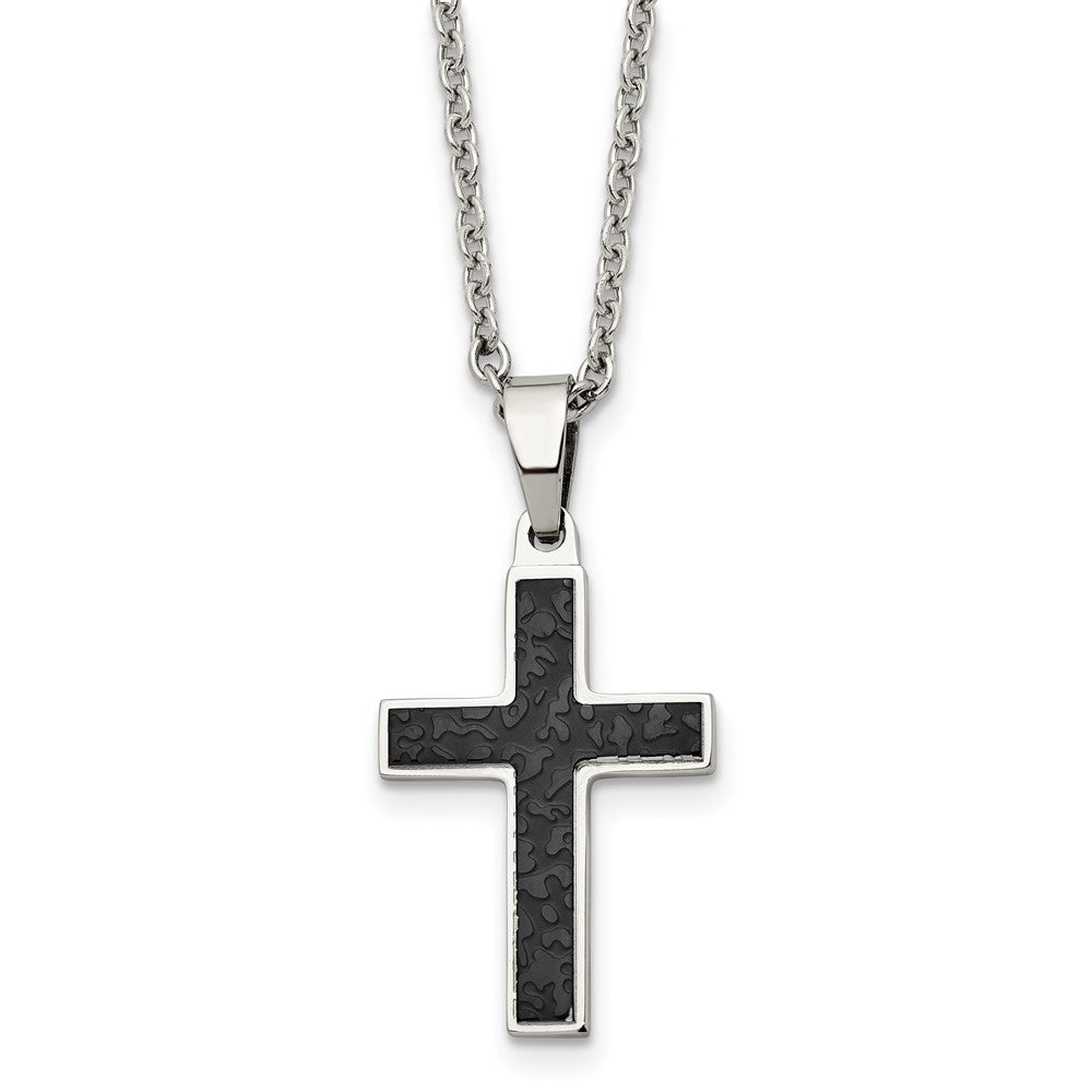Chisel Stainless Steel Polished and Textured Black IP-plated Cross Pendant on a 24 inch Cable Chain Necklace, 24 x 17.73 mm