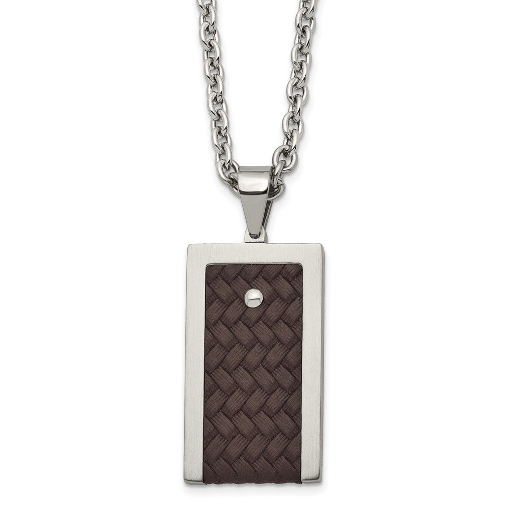 Stainless Steel Brushed & Polished Reversible w/Brown Leather Necklace, 24 x 24.1 mm
