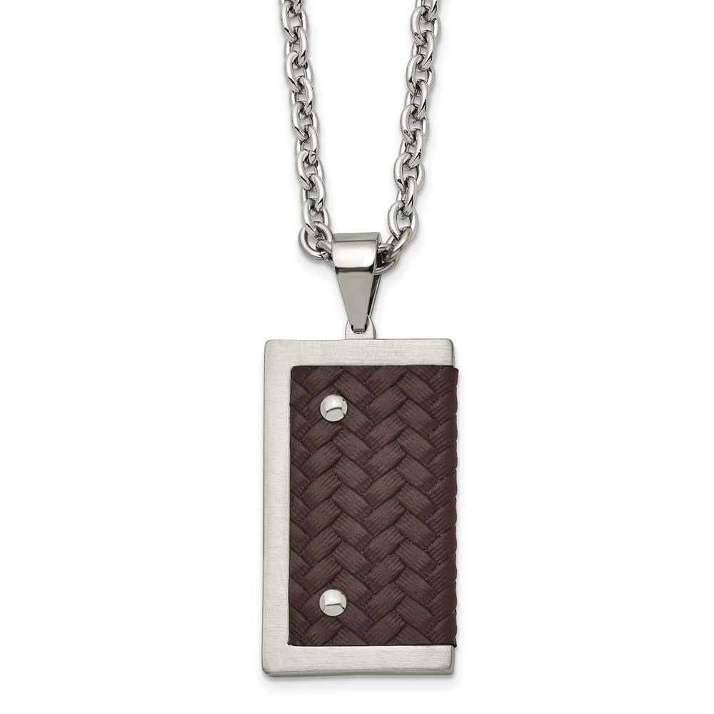 Stainless Steel Brushed & Polished Reversible w/Brown Leather Necklace, 24 mm