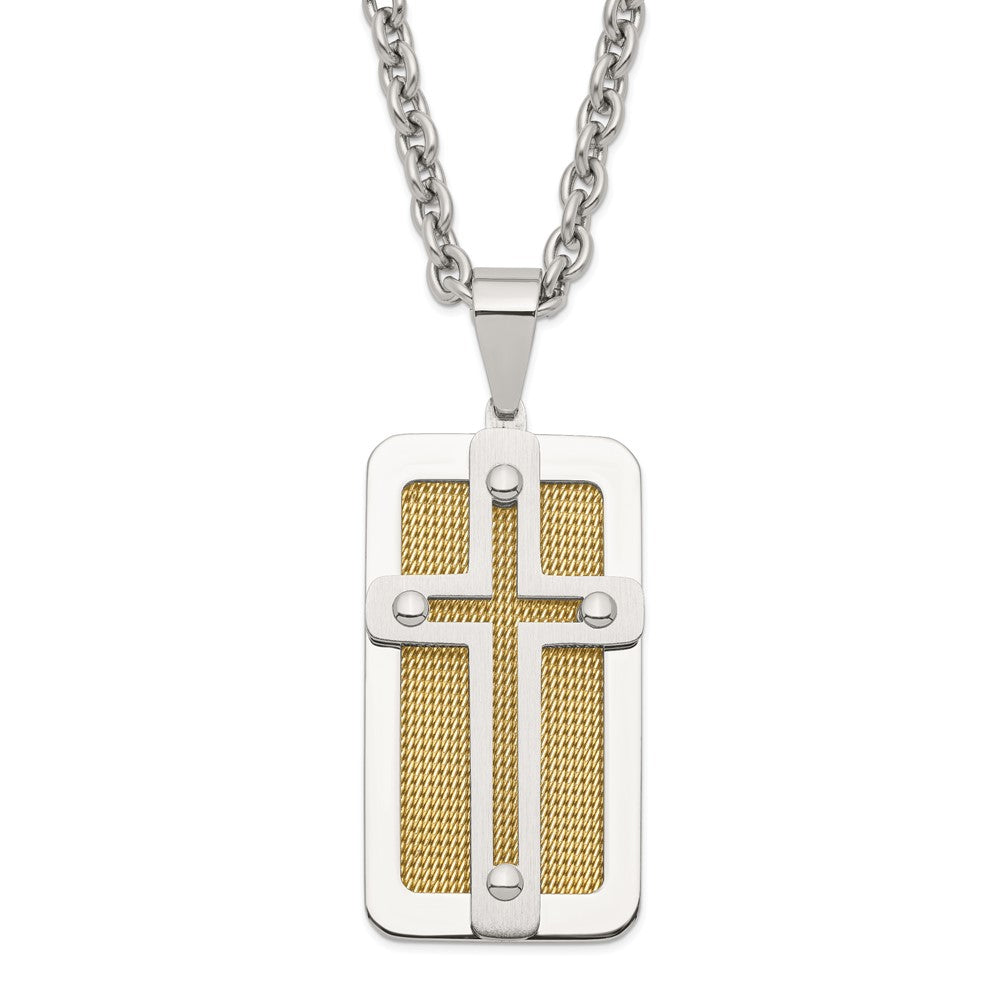 Stainless Steel Polished Yellow IP-plated Wire Inlay Cross Necklace, 24 mm