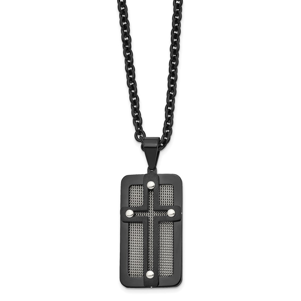 Stainless Steel Polished Black IP-plated w/ Wire Inlay Cross Necklace, 24.5 mm