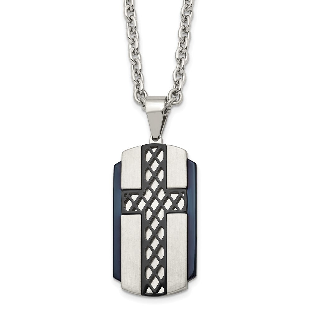 Stainless Steel Brushed and Polished Black IP-plated Cross 24in Necklace, 24 mm, 42.56 g