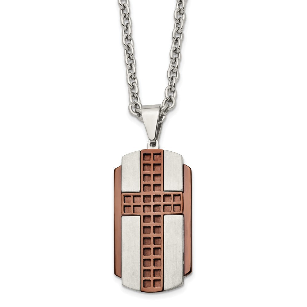 Stainless Steel Brushed & Polished Brown IP-plated Cross 24in Necklace, 24 mm
